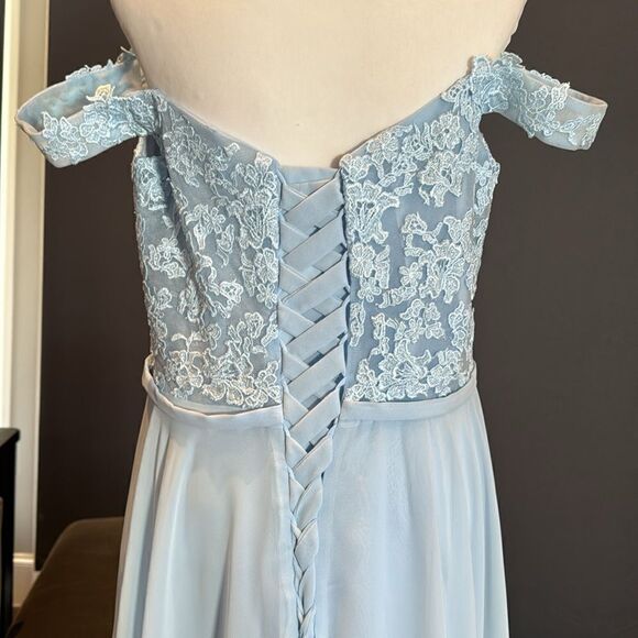 Women’s Pale Blue Off the Shoulder Chiffon Bridesmaid Dress Corset Size 16 NWOT - Picture 7 of 13